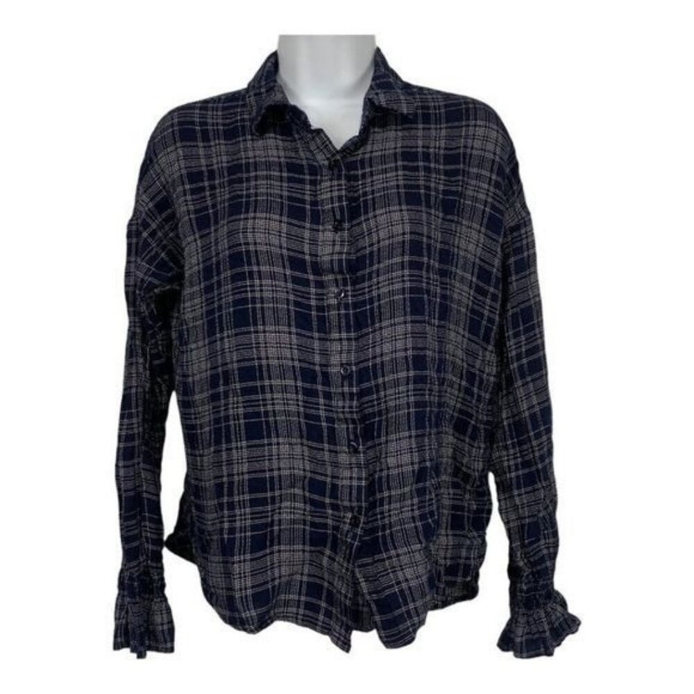 E M Womens Medium Plaid Long Sleeve Button Down Top Navy White Ruffled Cuff